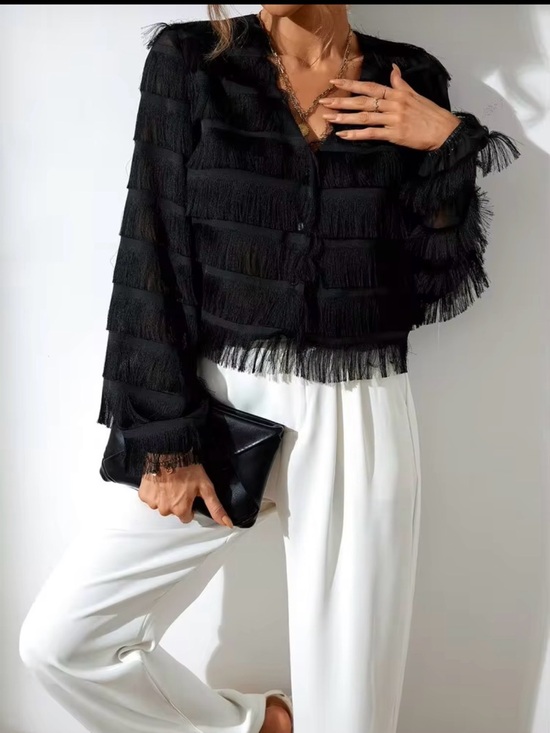 The Unbranded Brand Tops - Black Fringe Sheer Button-Up Blouse - Elegant Women's Top sz Sm Holiday top